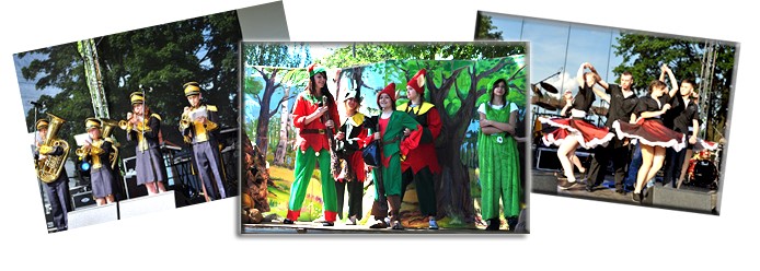 Z lewej strony osoby grające na instrumentach, po srodku osoby przebrane za elfy, po prawej osoby podczas tańca.